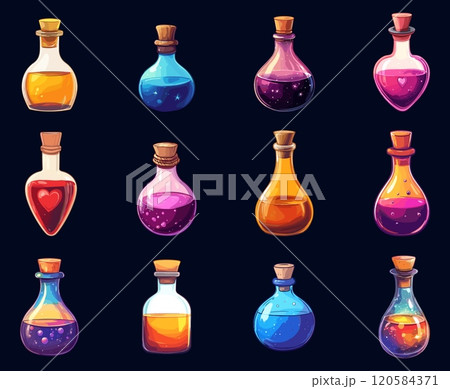 Glass flask with potion set. Fantasy colorful bottles with magic liquid elixir and corkwood plug. Alchemy chemistry laboratory witchcraft equipment love poison. Cartoon style isolated vector clipart Glass flask with potion set. Fantasy colorful bottles with magic liquid elixir and corkwood plug. Alchemy chemistry laboratory witchcraft equipment love poison. Cartoon style isolated vector clipart 120584371
