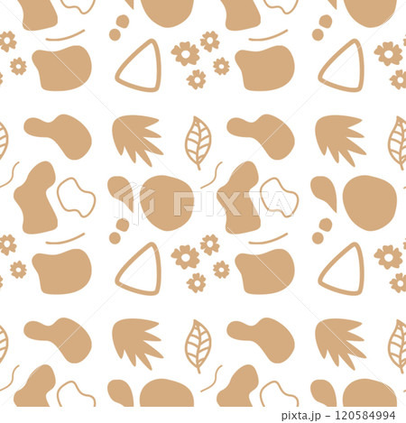 Seamless abstract pattern featuring beige organic shapes, including waves, plants, and geometric elements Seamless abstract pattern featuring beige organic shapes, including waves, plants, and geometric elements 120584994