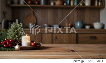 Kitchen blurred background with an empty wooden table or counter, Christmas decorations, and lights, selective focus, for product presentation. 120585011