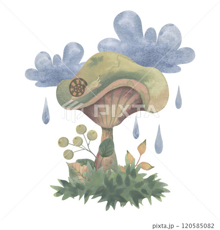 Russula in the rainforest. Watercolor hand painted composition with mushroom and clouds. Stylized drawing. Colored pencil texture. Cozy autumn illustration for your design 120585082