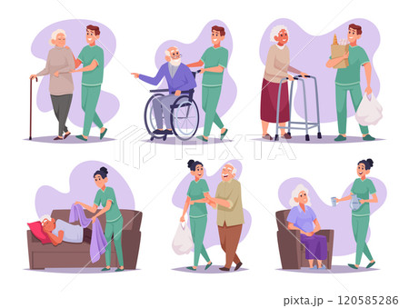 Senior care. Volunteers helping to elderly people medical assistance and social support characters exact vector cartoon senior Senior care. Volunteers helping to elderly people medical assistance and social support characters exact vector cartoon senior 120585286
