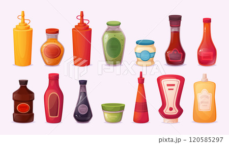 Sauces. Mustard mayo and ketchup bottles for preparing delicious food exact vector cartoon illustrations Sauces. Mustard mayo and ketchup bottles for preparing delicious food exact vector cartoon illustrations 120585297