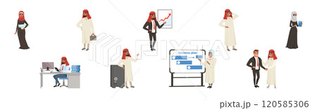 Arab Business Man and Woman Character in National Clothes Vector Set 120585306