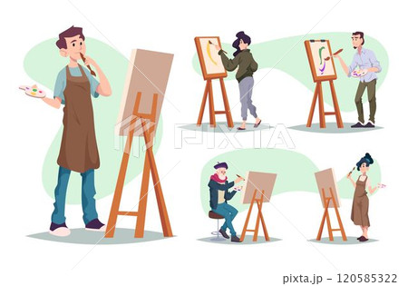 Artists working. Painters drawing beautiful paints using easel sculpting and sketching exact vector characters 120585322