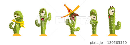 Green Cactus Character with Different Face Emotion Vector Set 120585350
