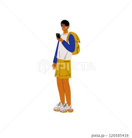 Young Man with Smartphone, Guy with Backpack Using Electronic Gadget Vector Illustration 120585416