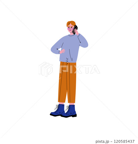 Guy in Modern Clothing Talking on Smartphone, Trendy Creative Young Man with Electronic Gadget Vector Illustration 120585437