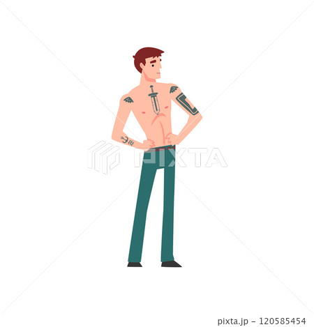 Young Man with Tattoo, Attractive Tattooed Guy with Bare Chest Vector Illustration 120585454
