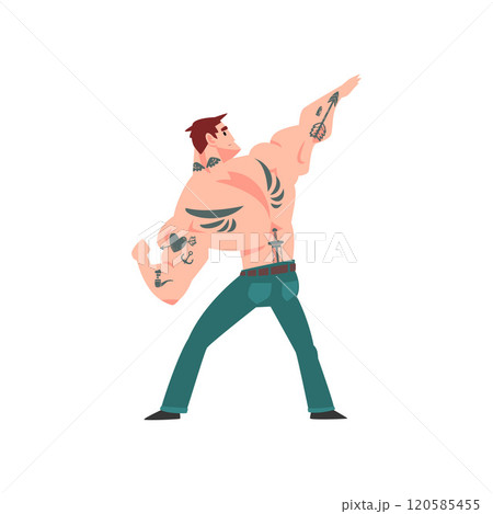 Brutal Muscular Man with Tattoo, Attractive Tattooed Guy with Bare Chest, Back View Vector Illustration 120585455