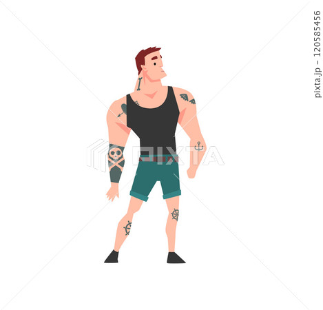Brutal Muscular Man with Tattoo, Attractive Tattooed Guy Wearing Black Sleeveless Shirt Vector Illustration 120585456
