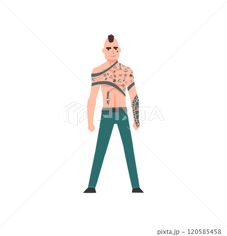 Punk Man with Tattoo, Tattooed Guy with Bare Chest and Mohawk Hairstyle Vector Illustration Punk Man with Tattoo, Tattooed Guy with Bare Chest and Mohawk Hairstyle Vector Illustration 120585458