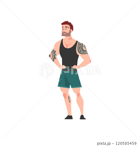 Bearded Muscular Man with Tattoo, Attractive Tattooed Guy Wearing Black Sleeveless Shirt and Shorts Vector Illustration Bearded Muscular Man with Tattoo, Attractive Tattooed Guy Wearing Black Sleeveless Shirt and Shorts Vector Illustration 120585459