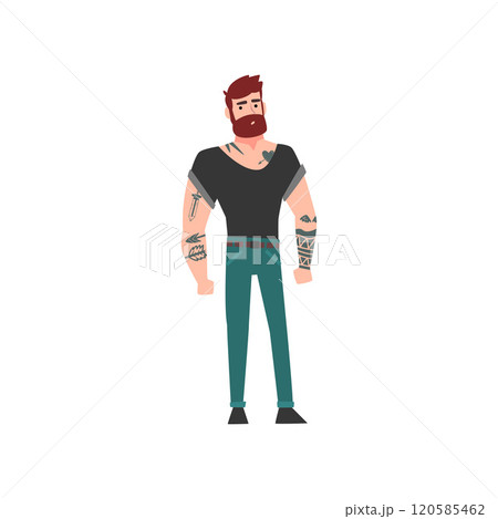 Muscular Hipster Bearded Man with Tattoo, Attractive Tattooed Guy Vector Illustration 120585462