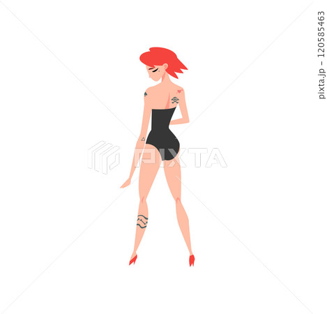 Young Woman with Tattoo, Beautiful Tattooed Girl Wearing Black Underwear With Short Red Hair, Back View Vector Illustration Young Woman with Tattoo, Beautiful Tattooed Girl Wearing Black Underwear With Short Red Hair, Back View Vector Illustration 120585463