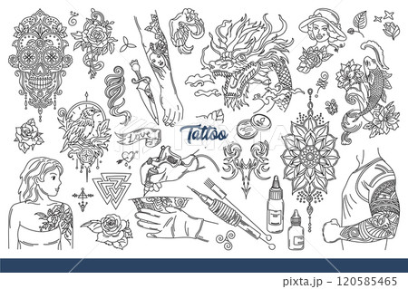 Lettering tattoo among sketches for patterns on body and needles or ink. Hand drawn. 120585465