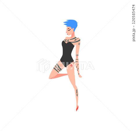 Young Woman with Tattoo, Beautiful Tattooed Girl Wearing Black Underwear Bodysuit With Short Colored Hair Vector Illustration 120585474