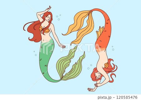 Mermaids swim deep underwater demonstrating ability to dive to seabed and not breathe for long time 120585476