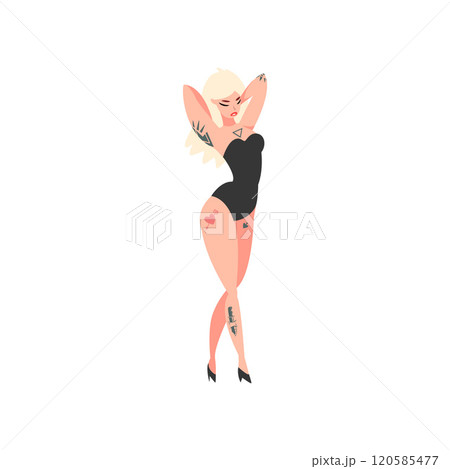 Blonde Young Woman with Tattoo, Beautiful Tattooed Girl Wearing Black Underwear Bodysuit Vector Illustration Blonde Young Woman with Tattoo, Beautiful Tattooed Girl Wearing Black Underwear Bodysuit Vector Illustration 120585477
