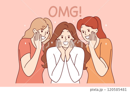 Enthusiastic girls shout OMG, seeing amazing commercial offer and big discounts on shopping Enthusiastic girls shout OMG, seeing amazing commercial offer and big discounts on shopping 120585481