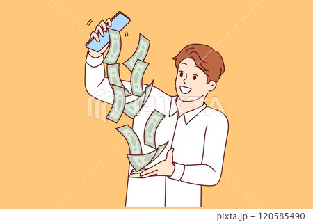 Business man earns money through mobile phone, and receives cash pouring out of smartphone screen Business man earns money through mobile phone, and receives cash pouring out of smartphone screen 120585490