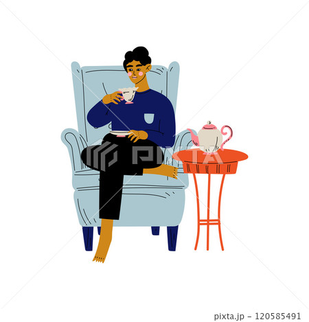 Young Man Sitting in Armchair with Cup of Coffee or Tea, Girl Spending Weekend at Home and Relaxing Vector Illustration 120585491