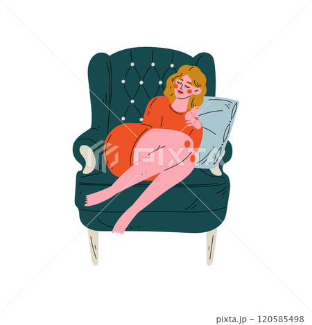 Young Woman Sleeping in Armchair on Pillow, Girl Spending Weekend at Home and Relaxing Vector Illustration 120585498
