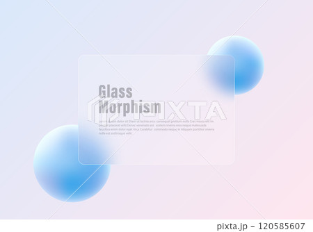 Glass morphism website landing page template. Frosted glass partition with floating spheres. Glass morphism website landing page template. Frosted glass partition with floating spheres. 120585607