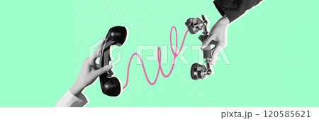 Contemporary art collage. Retro telephone handset connected to modern receiver via pink sound wave, symbolizing evolving communication technology on mint background. Contemporary art collage. Retro telephone handset connected to modern receiver via pink sound wave, symbolizing evolving communication technology on mint background. 120585621
