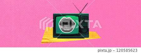 Contemporary art collage. Retro television screen with close-up of lips speaking, placed against vibrant pink background with geometric accents. 120585623