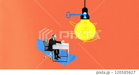 Contemporary art collage. Businessman sitting at desk looking up at glowing lightbulb locked with key, symbolizing innovative problem-solving. 120585627
