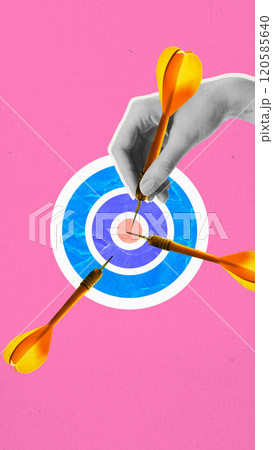 Contemporary art collage. Hand places dart on target's bullseye, representing precision, focus, and achieving success with strategic effort. Contemporary art collage. Hand places dart on target's bullseye, representing precision, focus, and achieving success with strategic effort. 120585640