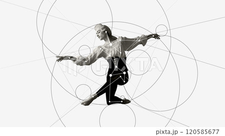 Cotemporary art collage. Dancer leaps into dramatic pose surrounded by dynamic geometric circles and lines, combining ballet's grace with artistic composition. 120585677