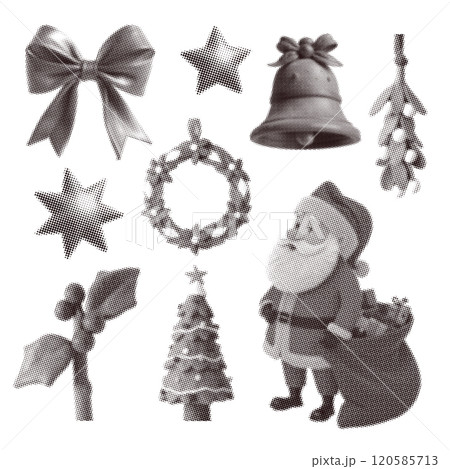 Christmas themed halftone elements set with a retro naive clay feel , featuring Santa, Christmas tree, holly and bell. Vector dotted illustrations for social media posts, cards or festive decor. Christmas themed halftone elements set with a retro naive clay feel , featuring Santa, Christmas tree, holly and bell. Vector dotted illustrations for social media posts, cards or festive decor. 120585713