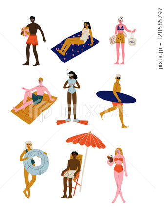 People Relaxing on Beach on Summer Vacations Set, Young Men and Women Performing Leisure Outdoor Activities Vector Illustration People Relaxing on Beach on Summer Vacations Set, Young Men and Women Performing Leisure Outdoor Activities Vector Illustration 120585797