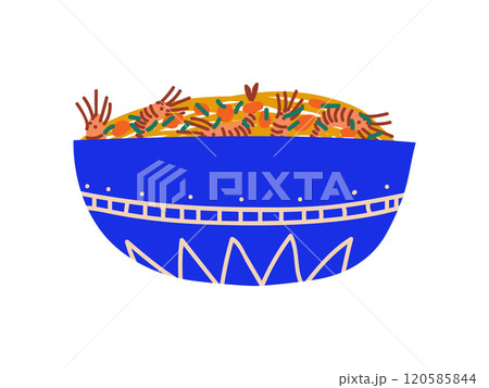 Blue Bowl of Noodles with Shrimps, Traditional Chinese or Japanese Food, Ramen Noodles Vector Illustration 120585844