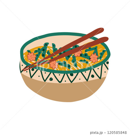 Ceramic Bowl of Noodles Soup with Vegetables and Chopsticks, Traditional Chinese or Japanese Food, Ramen Noodles Vector Illustration Ceramic Bowl of Noodles Soup with Vegetables and Chopsticks, Traditional Chinese or Japanese Food, Ramen Noodles Vector Illustration 120585848