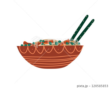 Ceramic Bowl of Noodles Soup with Chopsticks, Traditional Chinese or Japanese Food, Ramen Noodles Vector Illustration Ceramic Bowl of Noodles Soup with Chopsticks, Traditional Chinese or Japanese Food, Ramen Noodles Vector Illustration 120585853