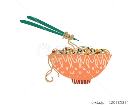 Bowl of Noodles with Vegetables, Traditional Chinese or Japanese Food, Ramen Noodles Vector Illustration 120585854
