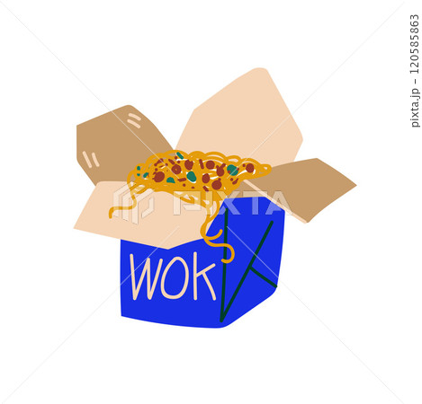 Takeaway Carton Box of Noodles with Vegetables and Spices, Traditional Chinese or Japanese Food Vector Illustration 120585863