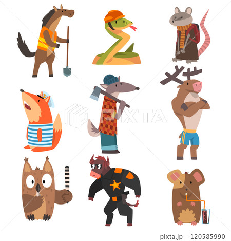 Animals of Different Professions Set, Horse, Snake, Rat, Fox, Wolf, Deer, Owl, Bull, Mouse Humanized Animals Cartoon Characters Vector Illustration Animals of Different Professions Set, Horse, Snake, Rat, Fox, Wolf, Deer, Owl, Bull, Mouse Humanized Animals Cartoon Characters Vector Illustration 120585990