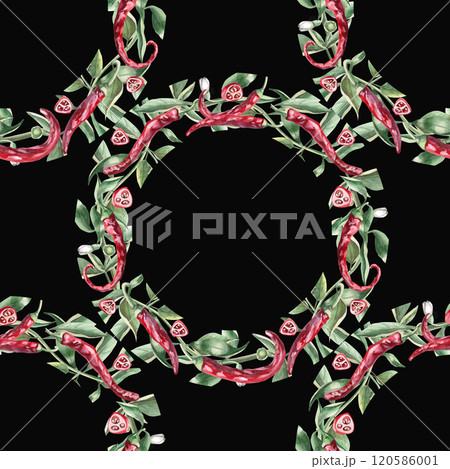 Seamless pattern of wreaths of peppers with leaves. Watercolor illustration on a black background of peppers for the design of packaging for Valentine's Day, kitchen utensils, textiles and clothing 120586001