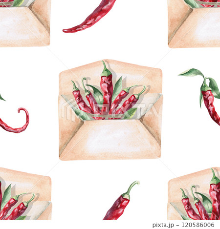 Seamless pattern of bunch of peppers in envelope. Watercolor illustration on white background of hot peppers for Valentine's Day packaging design, kitchenware, textile and clothing Seamless pattern of bunch of peppers in envelope. Watercolor illustration on white background of hot peppers for Valentine's Day packaging design, kitchenware, textile and clothing 120586006