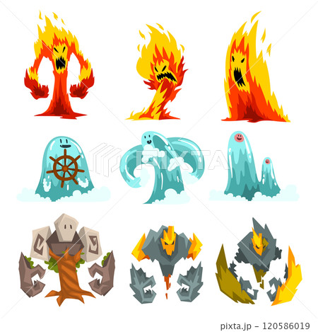 Fire, Stone and Water Monsters Set, Fantasy Mystic Creatures Cartoon Characters Vector Illustration 120586019