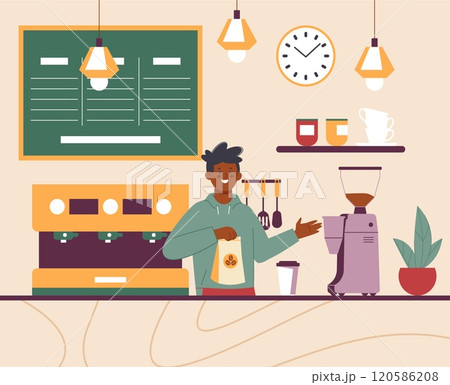 Barista at work. Positive student work in coffee shop or cafe and sale drinks and beans. Professional waiter at counter, hot beverages bar splendid vector scene 120586208