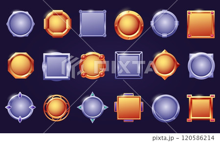 Game cartoon buttons. Round square steel effect frames, metal shine shields ui elements. Badges or medals gold and silver, medieval nowaday vector elements Game cartoon buttons. Round square steel effect frames, metal shine shields ui elements. Badges or medals gold and silver, medieval nowaday vector elements 120586214