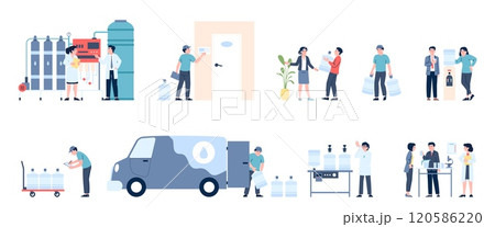 Clean water delivery and purification process. Scientist research liquids for public drinking. Transportation, distribution and logistic recent vector scenes 120586220