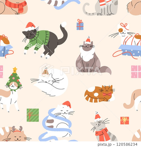 Cute christmas cats seamless pattern. Cat in Santa Claus red hat, sweater, with gifts. Winter holiday funny print template, vector background 120586234