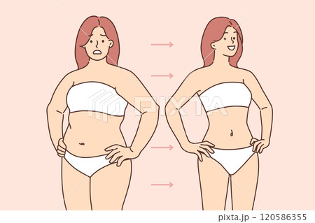 Fat woman has lost weight and acquired beautiful figure thanks to liposuction or regular fitness Fat woman has lost weight and acquired beautiful figure thanks to liposuction or regular fitness 120586355
