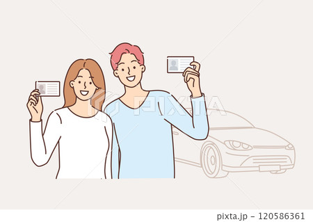 Driving school graduated men and women who received driver license and right to drive car Driving school graduated men and women who received driver license and right to drive car 120586361