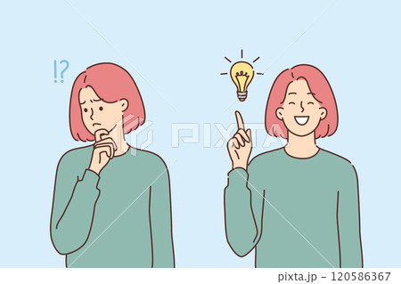 Woman rejoices at emergence of idea after brainstorming and points finger at glowing light bulb Woman rejoices at emergence of idea after brainstorming and points finger at glowing light bulb 120586367